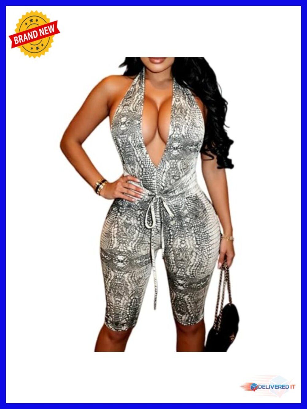 Sexy Bodycon Capri Jumpsuit Halter Deep V Neck Backless Romper